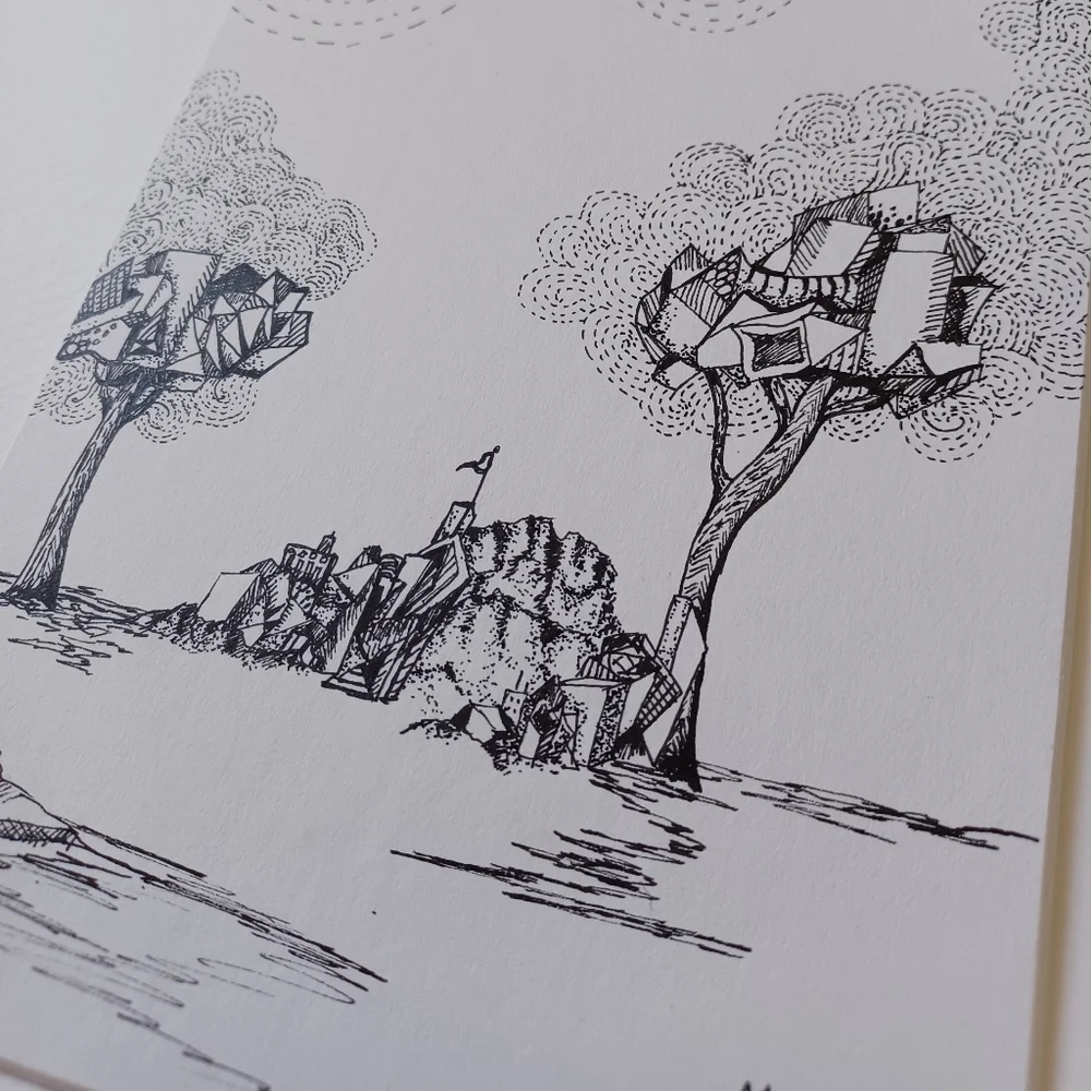ORIGINAL ART Abstract Tree and Mountain Outpost ink drawing 5